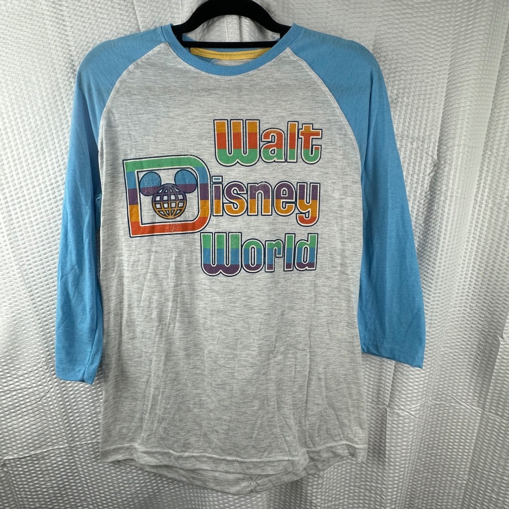 Disney Parks Retro Logo Baseball Tee T-shirt Blue Grey Adult Unisex SMALL
